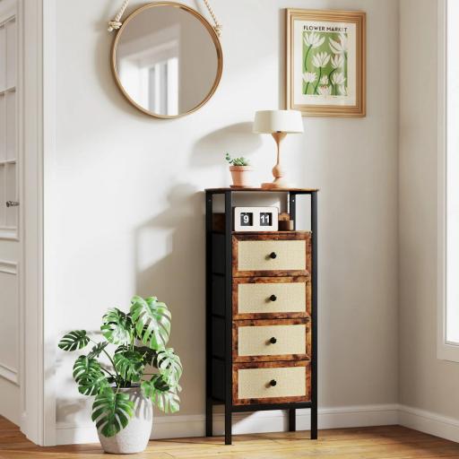 Cómoda para Dormitorio con 4 Cajones con Frentes de Ratán Compartimiento y Marco de Acero 50x30x126 cm Marrón Rústico