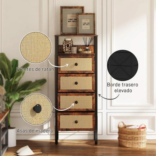 Cómoda para Dormitorio con 4 Cajones con Frentes de Ratán Compartimiento y Marco de Acero 50x30x126 cm Marrón Rústico [3]