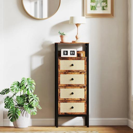 Cómoda para Dormitorio con 4 Cajones con Frentes de Ratán Compartimiento y Marco de Acero 50x30x126 cm Marrón Rústico [6]