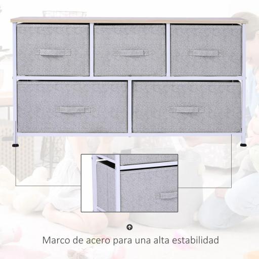 Cómoda con 5 Cajones de Tela Cómoda para Dormitorio Marco Metálico 100x30x54 cm Gris [3]