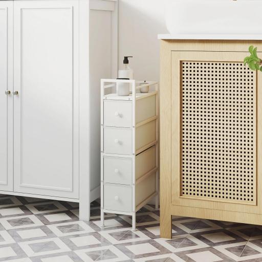 Cómoda con 4 Cajones de Tela Marco de Acero Cómoda para Dormitorio para Espacios Pequeños Salón Vestidor Blanco