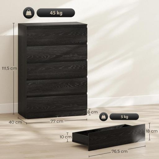 Cómoda para Dormitorio de 5 Cajones Cajonera para Salón Oficina Estilo Moderno 77x40x111,5 cm Negro Veteado [1]