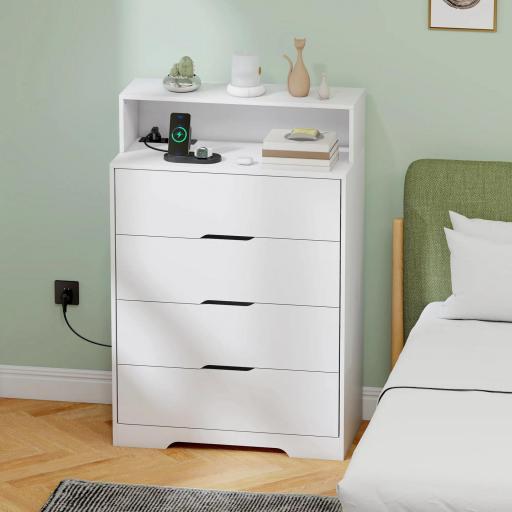 Cómoda para Dormitorio de 4 Cajones con Estación de Carga Puerto USB Puerto USB-C Estante Abierto 80x40x120 cm Blanco