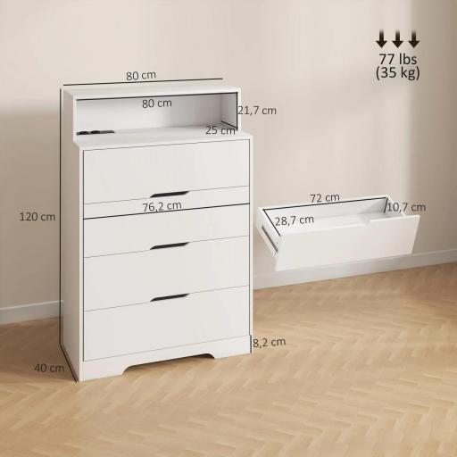 Cómoda para Dormitorio de 4 Cajones con Estación de Carga Puerto USB Puerto USB-C Estante Abierto 80x40x120 cm Blanco [1]