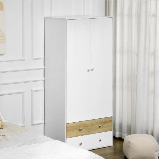 Armario de Ropa con 2 Puertas 2 Cajones y 1 Barra para Colgar Estilo Moderno para Dormitorio 80x50x180 cm Blanco y Roble