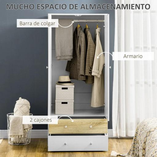 Armario de Ropa con 2 Puertas 2 Cajones y 1 Barra para Colgar Estilo Moderno para Dormitorio 80x50x180 cm Blanco y Roble [5]