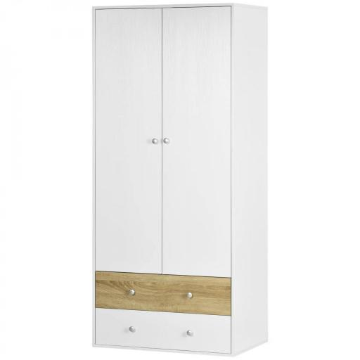 Armario de Ropa con 2 Puertas 2 Cajones y 1 Barra para Colgar Estilo Moderno para Dormitorio 80x50x180 cm Blanco y Roble [8]