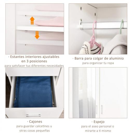 Armario Ropero de 2 Puertas con Espejo 3 Cajones Estantes Ajustables y Barra para Colgar Incluida 80x50x180 cm Blanco [4]