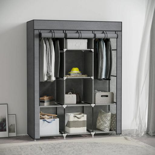 Armario de Tela Plegable Ropero Portátil con 8 Estantes y 2 Barras de Colgar para Dormitorio 125x43x162,5 cm Gris