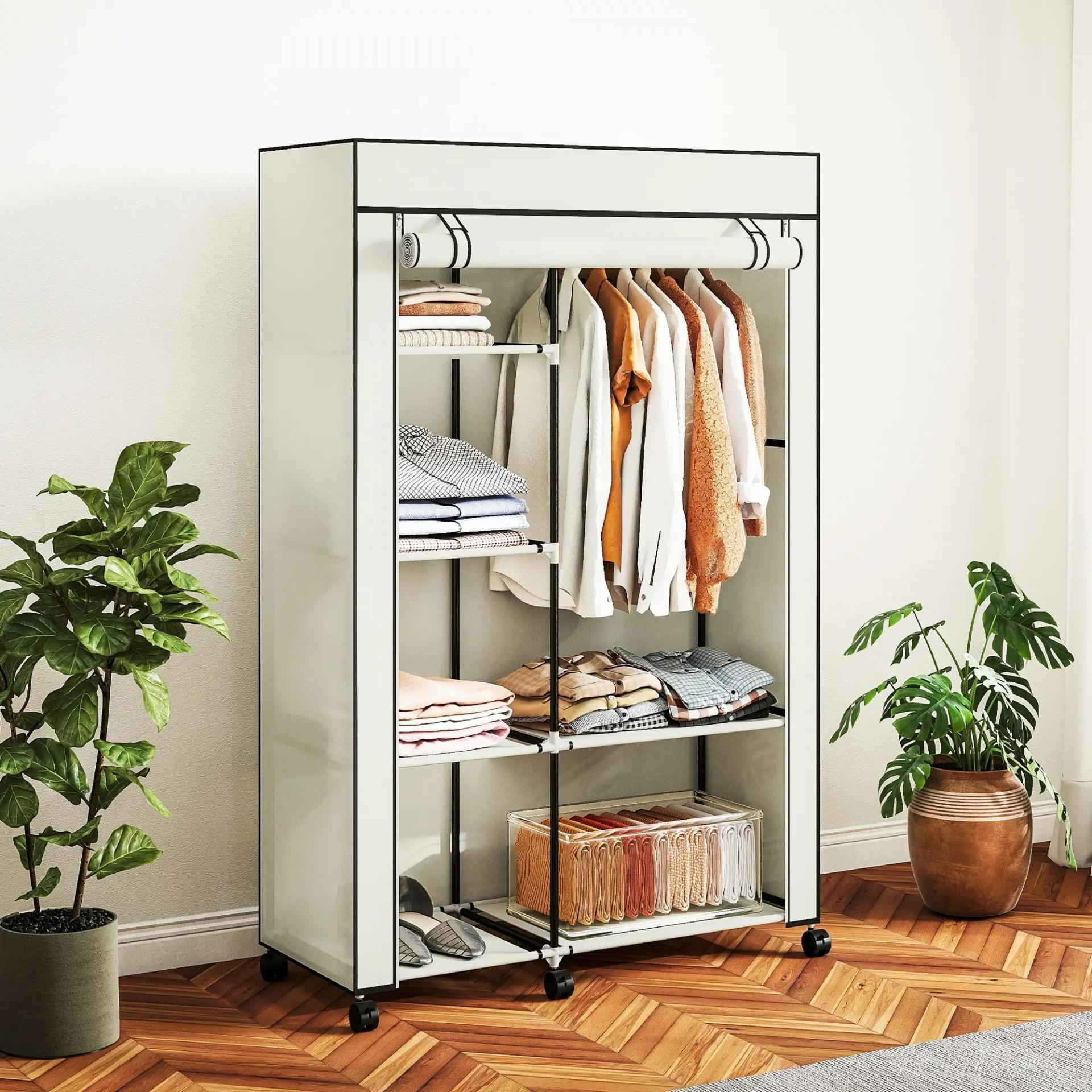 Armario de Tela con Ruedas Ropero Portátil con 6 Estantes y 1 Barra de Colgar para Dormitorio 103x43x162,5cm Crema