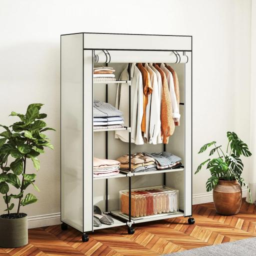 Armario de Tela con Ruedas Ropero Portátil con 6 Estantes y 1 Barra de Colgar para Dormitorio 103x43x162,5cm Crema