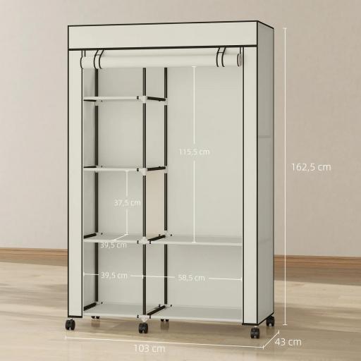 Armario de Tela con Ruedas Ropero Portátil con 6 Estantes y 1 Barra de Colgar para Dormitorio 103x43x162,5cm Crema [6]