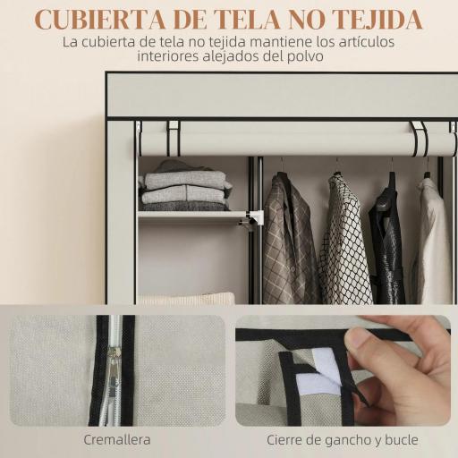 Armario de Tela con Ruedas Ropero Portátil con 6 Estantes y 1 Barra de Colgar para Dormitorio 103x43x162,5cm Crema [8]