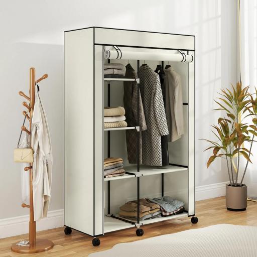 Armario de Tela con Ruedas Ropero Portátil con 6 Estantes y 1 Barra de Colgar para Dormitorio 103x43x162,5cm Crema [7]