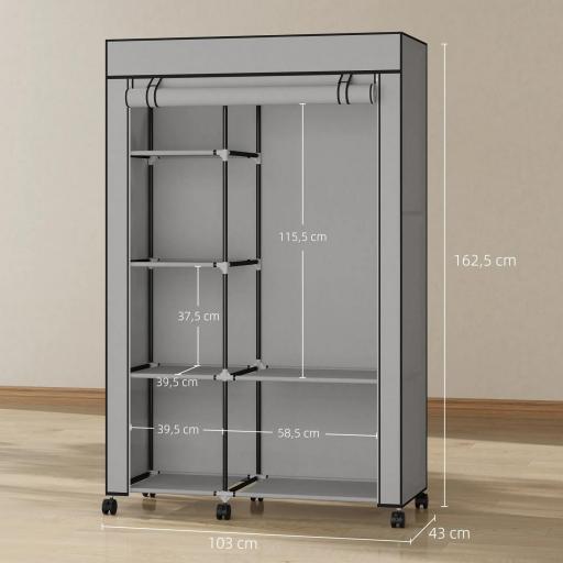 Armario de Tela con Ruedas Ropero Portátil con 6 Estantes y 1 Barra de Colgar para Dormitorio 103x43x162,5 cm Gris [1]