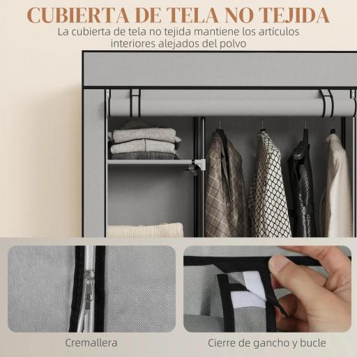 Armario de Tela con Ruedas Ropero Portátil con 6 Estantes y 1 Barra de Colgar para Dormitorio 103x43x162,5 cm Gris [3]