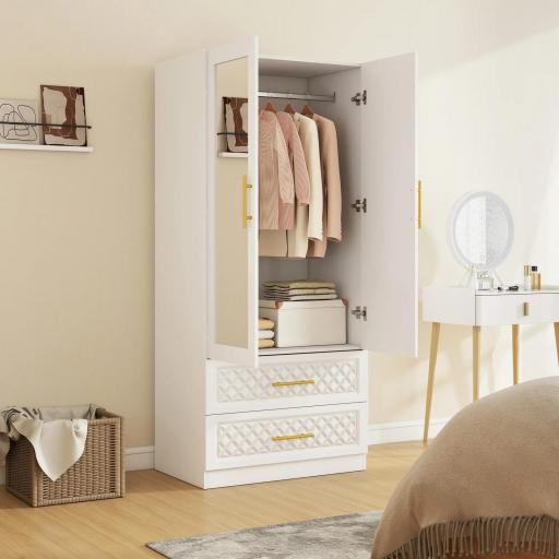 Armario Ropero con Espejo 2 Puertas y 2 Cajones Relieve de Diamante Barra para Colgar 80x50x180 cm Blanco