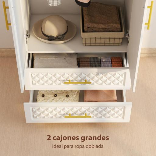 Armario Ropero con Espejo 2 Puertas y 2 Cajones Relieve de Diamante Barra para Colgar 80x50x180 cm Blanco [6]