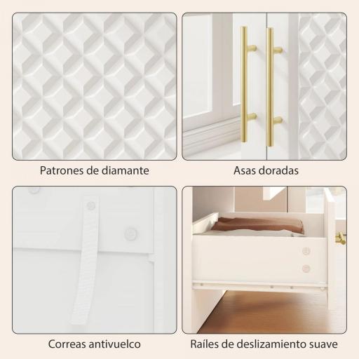 Armario Ropero con Espejo 2 Puertas y 2 Cajones Relieve de Diamante Barra para Colgar 80x50x180 cm Blanco [4]