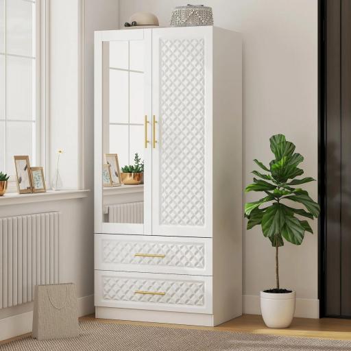 Armario Ropero con Espejo 2 Puertas y 2 Cajones Relieve de Diamante Barra para Colgar 80x50x180 cm Blanco [3]