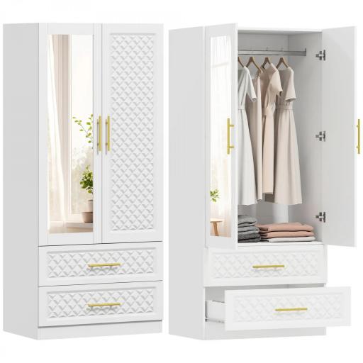 Armario Ropero con Espejo 2 Puertas y 2 Cajones Relieve de Diamante Barra para Colgar 80x50x180 cm Blanco [8]