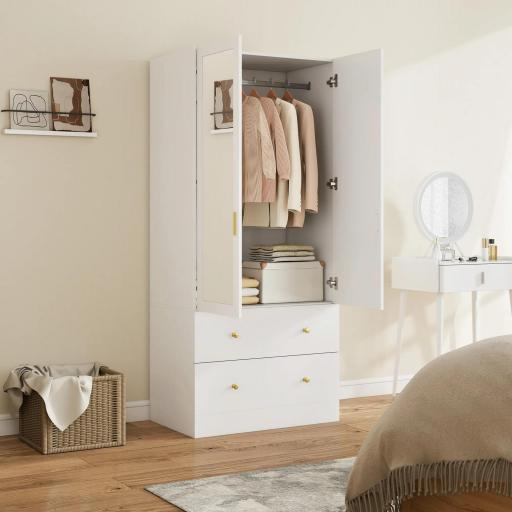 Armario Dormitorio 2 Puertas y 2 Cajones Armario Ropero con Espejo Barra para Colgar 80x50x180 cm Blanco