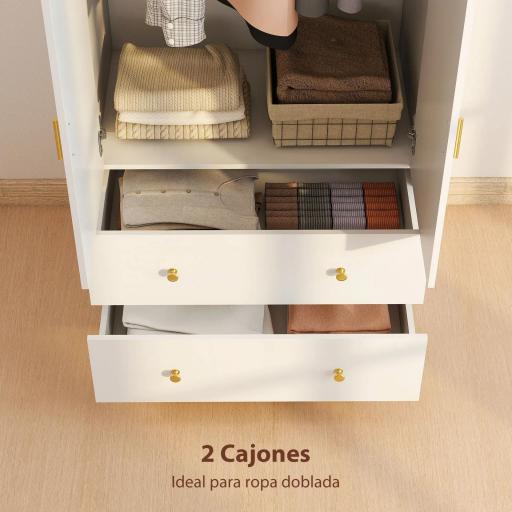 Armario Dormitorio 2 Puertas y 2 Cajones Armario Ropero con Espejo Barra para Colgar 80x50x180 cm Blanco [3]