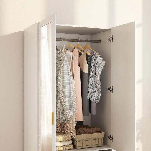 Armario Dormitorio 2 Puertas y 2 Cajones Armario Ropero con Espejo Barra para Colgar 80x50x180 cm Blanco [2]