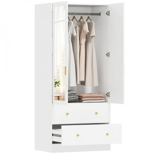 Armario Dormitorio 2 Puertas y 2 Cajones Armario Ropero con Espejo Barra para Colgar 80x50x180 cm Blanco [6]