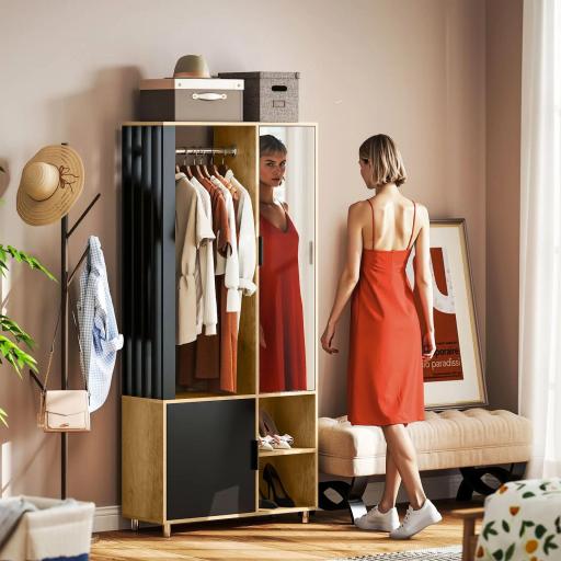 Armario Ropero con Puerta con Espejo Barra para Colgar 2 Compartimentos Abiertos 80x30x170 cm Natural y Negro