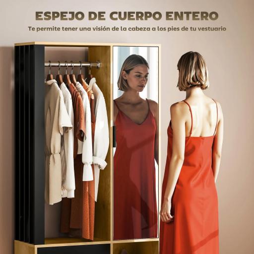 Armario Ropero con Puerta con Espejo Barra para Colgar 2 Compartimentos Abiertos 80x30x170 cm Natural y Negro [6]