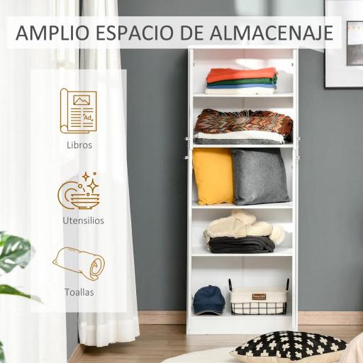 Armario Alto de 2 Puertas Mueble Auxiliar de Almacenaje Multifuncional con 5 Estantes y Baldas Ajustables Moderno para Salón Dormitorio Cocina 59x31x155 cm Blanco [4]