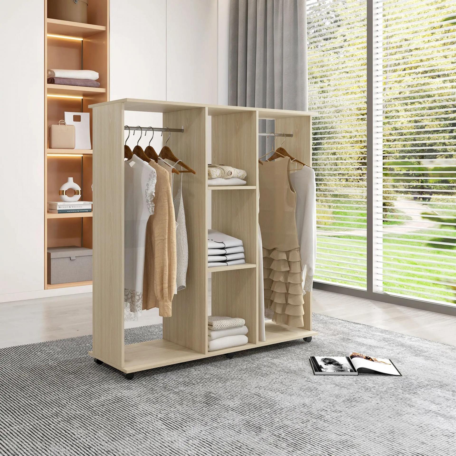 Armario para Ropa con Barra Estantes Abiertos Organizador para Colgar Ropa de Dormitorio 120x40x128 cm Natural