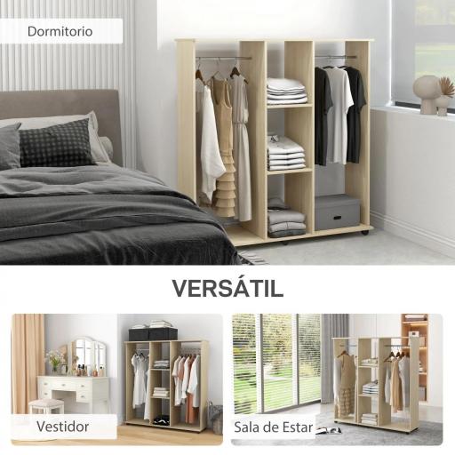 Armario para Ropa con Barra Estantes Abiertos Organizador para Colgar Ropa de Dormitorio 120x40x128 cm Natural [7]