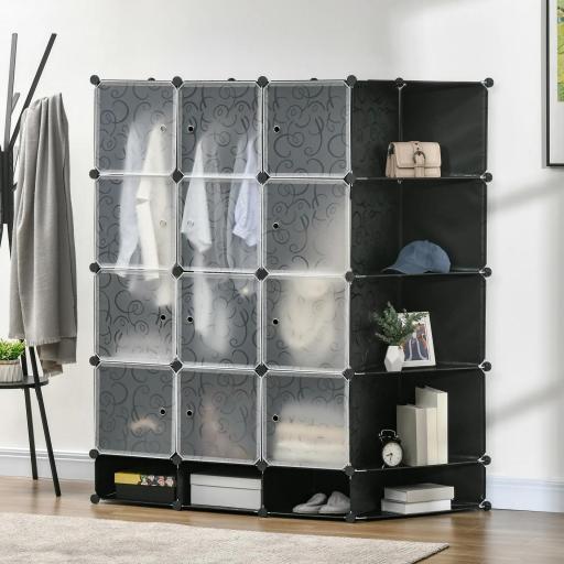 Armario Modular Organizador Portátil con 16 Compartimentos y 2 Barras de Colgar Ropa Negro y Blanco