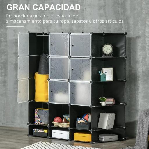 Armario Modular Organizador Portátil con 16 Compartimentos y 2 Barras de Colgar Ropa Negro y Blanco [2]