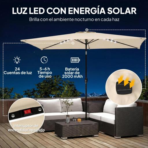 Sombrilla de Jardín con 24 Luces LED Solares Dosel Inclinable Poste Metálico 2,9x2,5 m Crema [6]