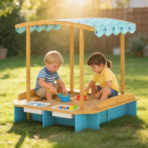 Arenero para Niños de Madera con Techo 3 Bancos 2 Cajas de PP Forro para Niños de 3-6 Años 128x118x121 cm Azul
