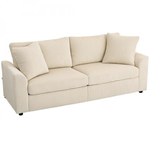 Sofá de 3 Plazas Tapizado en Pana con 2 Almohadas Reposabrazos y Cojín de Muelles para Salón 212x80x88 cm Crema [9]