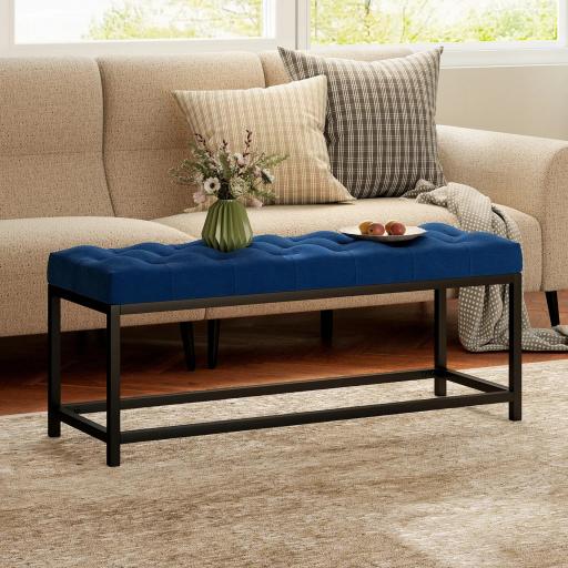 Banco Pie de Cama Tapizado en Terciopelo Diseño Capitoné Base de Metal para Dormitorio Entrada Salón Azul Oscuro [2]