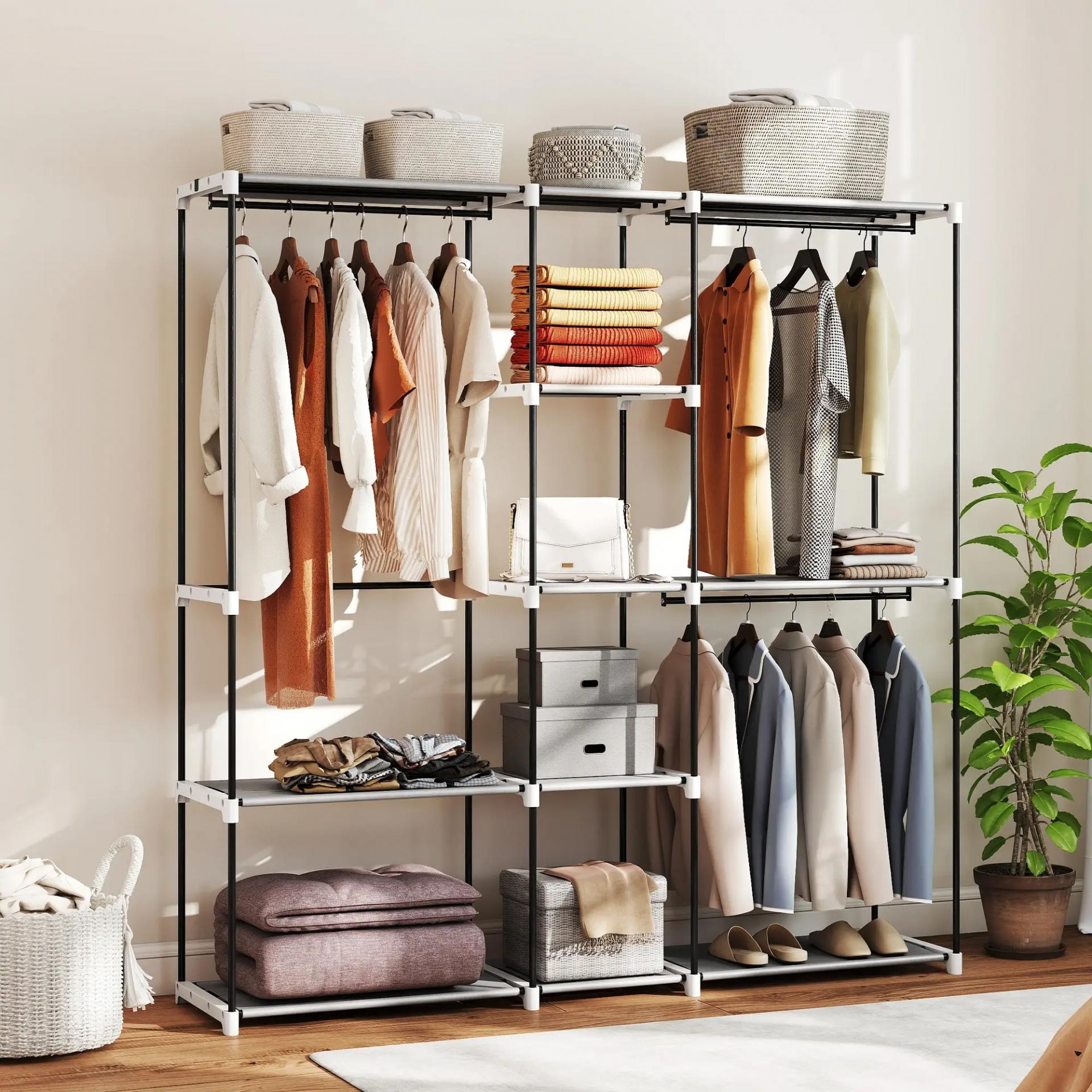 Armario de Ropa 182x43x185 cm Armario Abierto con 8 Estantes de Tela Barras para Colgar Marco de Metal Gris Claro