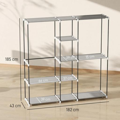 Armario de Ropa 182x43x185 cm Armario Abierto con 8 Estantes de Tela Barras para Colgar Marco de Metal Gris Claro [1]