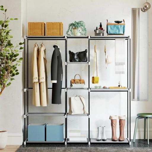 Armario de Ropa 182x43x185 cm Armario Abierto con 8 Estantes de Tela Barras para Colgar Marco de Metal Gris Claro [3]