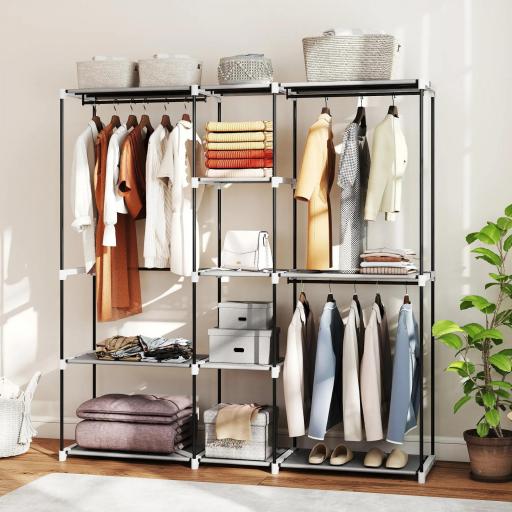 Armario de Ropa 182x43x185 cm Armario Abierto con 8 Estantes de Tela Barras para Colgar Marco de Metal Gris Claro [4]