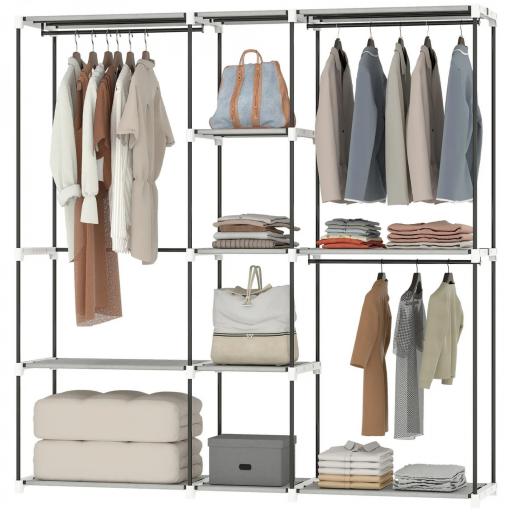 Armario de Ropa 182x43x185 cm Armario Abierto con 8 Estantes de Tela Barras para Colgar Marco de Metal Gris Claro [9]