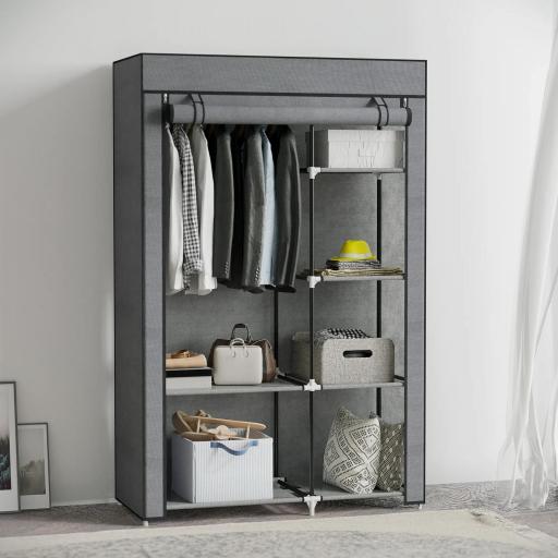 Armario de Tela Plegable Ropero Portátil con 6 Estantes y 1 Barra de Colgar para Dormitorio 103x43x162,5cm Gris Oscuro