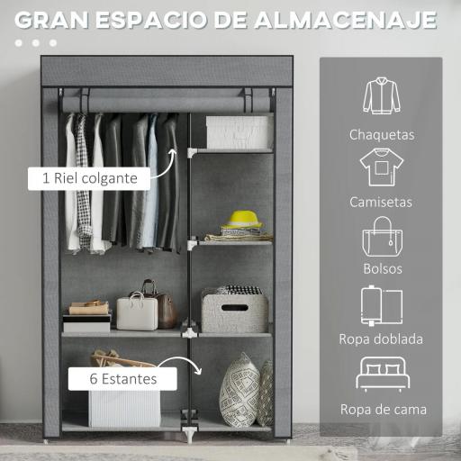 Armario de Tela Plegable Ropero Portátil con 6 Estantes y 1 Barra de Colgar para Dormitorio 103x43x162,5cm Gris Oscuro [5]