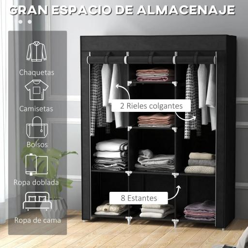 Armario de Tela Plegable Ropero Portátil con 8 Estantes y 2 Barras de Colgar para Dormitorio 125x43x162,5 cm Negro [2]