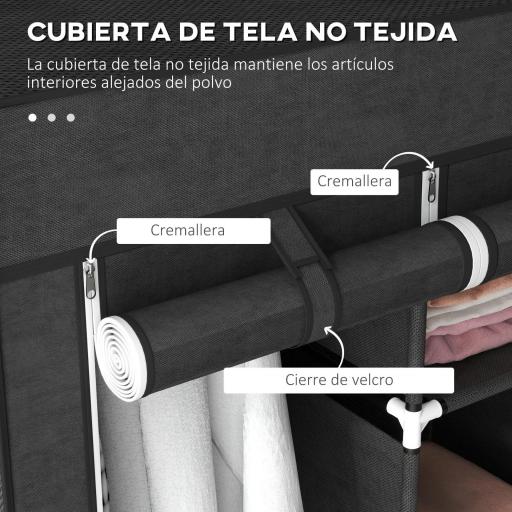 Armario de Tela Plegable Ropero Portátil con 8 Estantes y 2 Barras de Colgar para Dormitorio 125x43x162,5 cm Negro [5]
