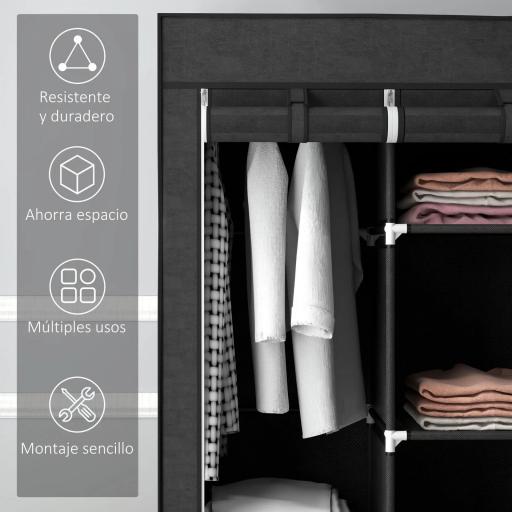 Armario de Tela Plegable Ropero Portátil con 8 Estantes y 2 Barras de Colgar para Dormitorio 125x43x162,5 cm Negro [3]